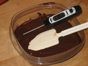 Testing chocolate temperature with thermometer